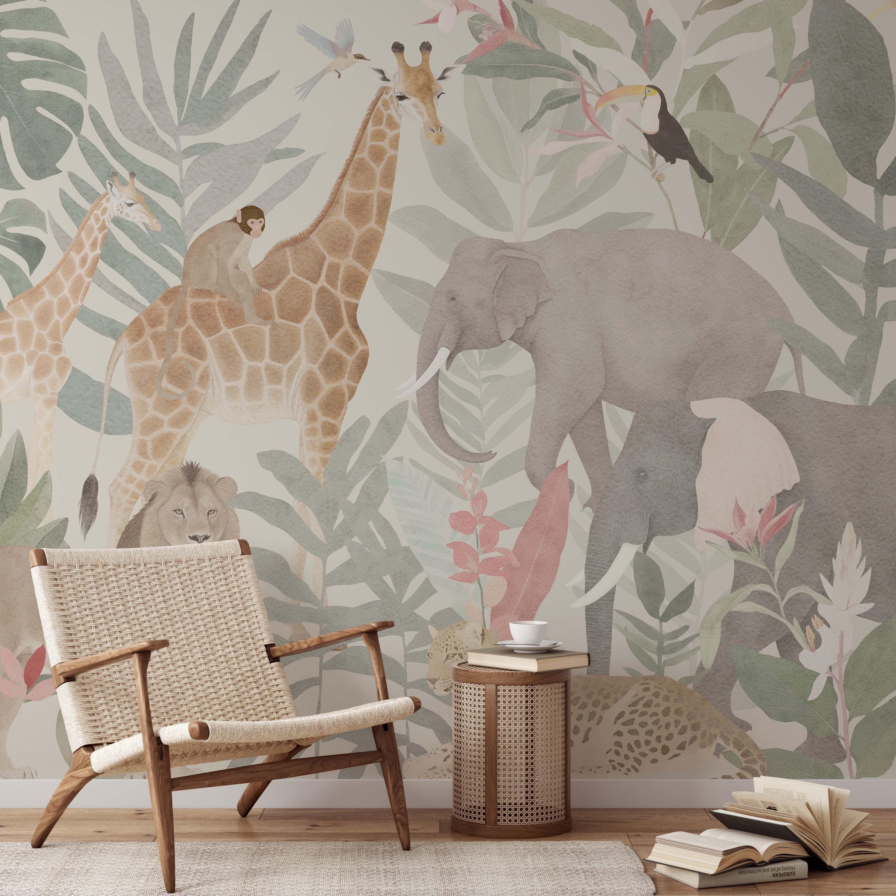 Neutral Safari Animals Wallpaper Mural: Peel and Stick Nursery Decor