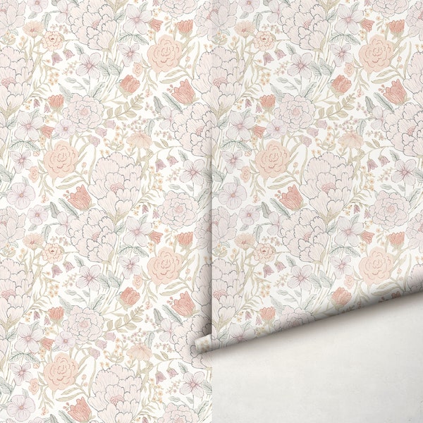 Romantic Meadow Wallpaper A353 Wallpaper Removable Peel and Stick Repositionable or Traditional Pre-pasted Pressed Floral Wallpaper
