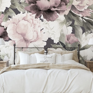 Peonies in Dusty Rose Mural - KM012 Self Adhesive Traditional Pre-pasted or Peel and Stick Wallpaper Classic Light Watercolor Floral Roses