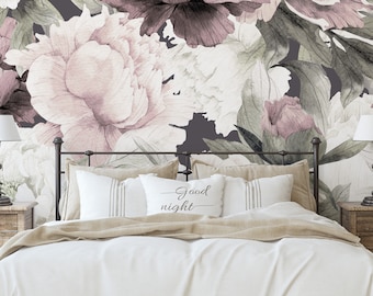 Peonies in Dusty Rose Mural - KM012 Self Adhesive Traditional Pre-pasted or Peel and Stick Wallpaper Classic Light Watercolor Floral Roses