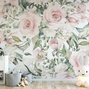 Watercolor Rose Floral Mural: Soft Pink Peel and Stick Wallpaper