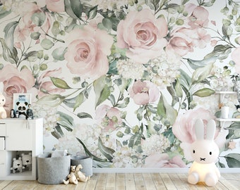 Sweet Rosy Mural KM062 - Self Adhesive Floral Mural Watercolor Soft Pink Roses in Traditional Pre-pasted or Peel and Stick Wallpaper