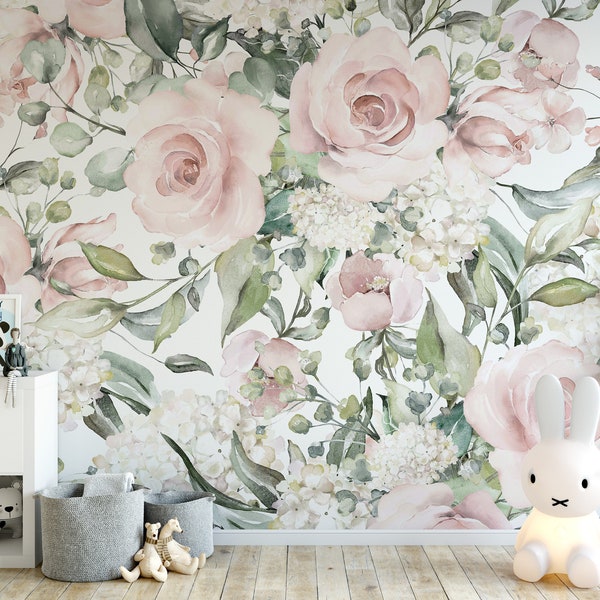 Sweet Rosy Mural KM062 - Self Adhesive Floral Mural Watercolor Soft Pink Roses in Traditional Pre-pasted or Peel and Stick Wallpaper