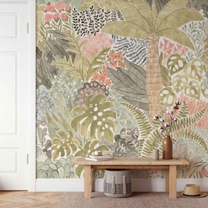Magic Tropical Jungle Wallpaper Mural – Watercolor Palms & Monsteras, Peel and Stick or Pre-pasted M086