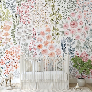 Spring Wildflowers Peel and Stick Wallpaper Floral Mural KM209 Peel and Stick Removable Watercolor Wallpaper Wild Floral Nursery for Girls