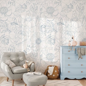 Boho Minimalist Floral Wallpaper Mural in Blue – Large Scale Design, Peel and Stick or Pre-pasted KM337