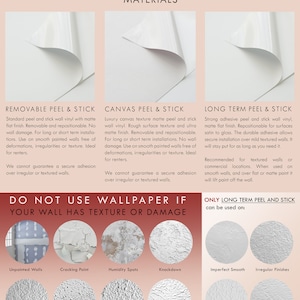 Puede incluir: Un gr&aacute;fico que muestra diferentes texturas de pared y su idoneidad para diferentes tipos de papel tapiz autoadhesivo. El gr&aacute;fico incluye descripciones de cada textura de pared, como "Paredes sin pintar", "Pintura agrietada", "Manchas de humedad", "Knockdown", "C&aacute;scara de naranja dura", "Textura ac&uacute;stica", "Palomitas de ma&iacute;z", "Cuchillo de paleta", "Liso imperfecto", "Acabados irregulares", "C&aacute;scara de naranja suave" y "Knockdown suave". El gr&aacute;fico tambi&eacute;n incluye informaci&oacute;n sobre los diferentes tipos de papel tapiz autoadhesivo, como "Pelable y adhesivo extra&iacute;ble", "Pelable y adhesivo de lienzo" y "Pelable y adhesivo de larga duraci&oacute;n".