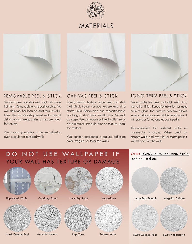 Puede incluir: Un gr&aacute;fico que muestra diferentes texturas de pared y su idoneidad para diferentes tipos de papel tapiz autoadhesivo. El gr&aacute;fico incluye descripciones de cada textura de pared, como "Paredes sin pintar", "Pintura agrietada", "Manchas de humedad", "Knockdown", "C&aacute;scara de naranja dura", "Textura ac&uacute;stica", "Palomitas de ma&iacute;z", "Cuchillo de paleta", "Liso imperfecto", "Acabados irregulares", "C&aacute;scara de naranja suave" y "Knockdown suave". El gr&aacute;fico tambi&eacute;n incluye informaci&oacute;n sobre los diferentes tipos de papel tapiz autoadhesivo, como "Pelable y adhesivo extra&iacute;ble", "Pelable y adhesivo de lienzo" y "Pelable y adhesivo de larga duraci&oacute;n".