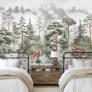 Deer Woodland  Mural KM161 - Large Scale Boy Nursery Watercolors Woodland Scenic Wallpaper Peel and Stick Removable Repositionable