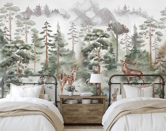 May include: Two twin beds with white bedding and brown wooden nightstands in a room with a watercolor mural of a forest scene with deer, a raccoon, and a rabbit.