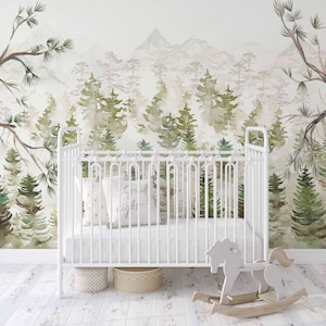 Landscape Forest Mural – Large Scale Woodland Nursery Wallpaper, Peel and Stick or Pre-pasted KM218