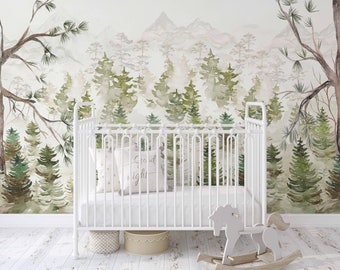 Landscape Forest Mural KM218- Large Scale Boy Nursery Watercolors Woodland Scenic Wallpaper Peel and Stick Removable Repositionable