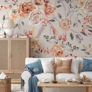 Classic Caramel Latte Bouquets Mural KM155 Self Adhesive Large Scale Wallpaper Floral Traditional Pre-pasted or Peel and Stick Wallpaper