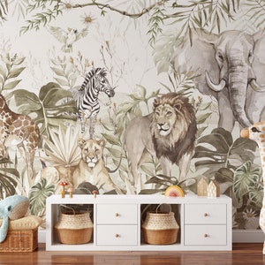 African Jungle Safari Mural KM287 - Boy Nursery Peel and Stick Wallpaper Tropical Jungle Animals Zebra Giraffe Elephant Lion