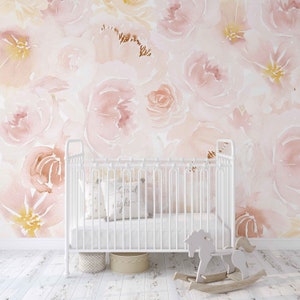 Soft Blush Watercolor Peony Mural KM183 Removable Peel and Stick Wallpaper Girly and Ideal for Nursery Projects