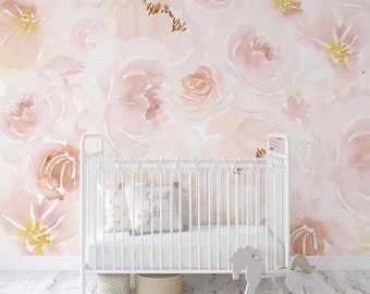 Soft Blush Watercolor Peony Mural KM183 Removable Peel and Stick Wallpaper Girly and Ideal for Nursery Projects