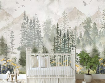 Watercolor Winter Forest Mural: Woodland Nursery Wallpaper, Peel and Stick