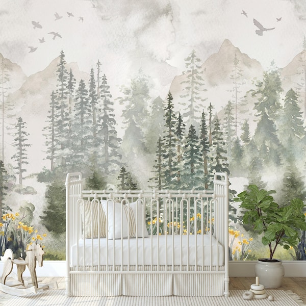 Watercolor Winter Forest Mural: Woodland Nursery Wallpaper, Peel and Stick