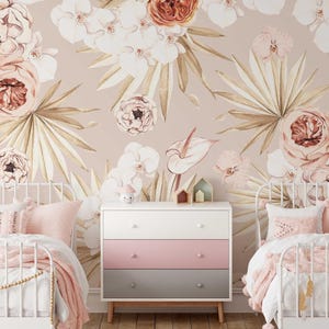Watercolor Tropical Floral Mural: Boho Baby Room Wallpaper Bild 9