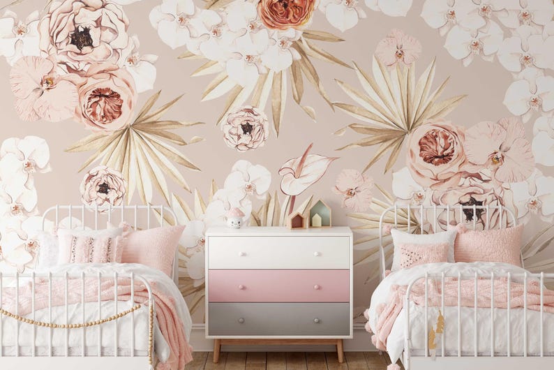 Watercolor Tropical Floral Mural: Boho Baby Room Wallpaper Bild 9