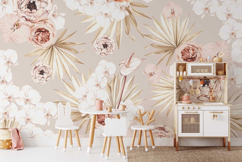 Watercolor Tropical Floral Mural: Boho Baby Room Wallpaper Bild 8