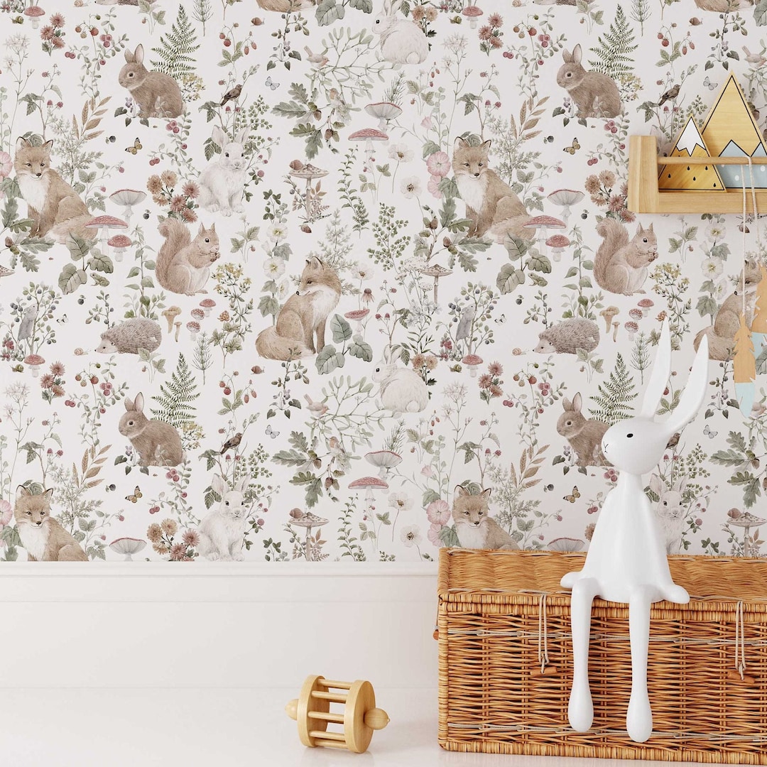 Woodland Nursery Wallpaper: Fox, Bunny & Squirrel Mural (peel and Stick ...