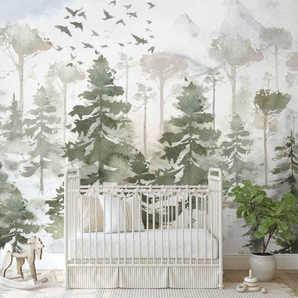 Pines and Trees Landscape Mural KM170- Large Scale Nursery Watercolors Woodland Scenic Wallpaper Peel and Stick Removable Repositionable
