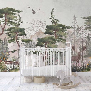 Spring Forest Mural KM221 - Large Scale Nursery Watercolors Forest Wallpaper Peel and Stick Removable Repositionable
