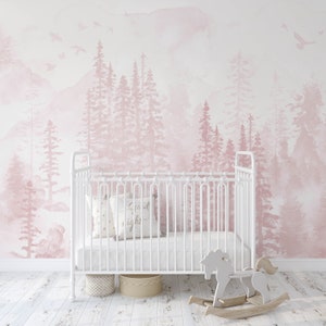 Pink Winter Forest Mural: Girly Woodland Nursery Wallpaper, Peel and Stick