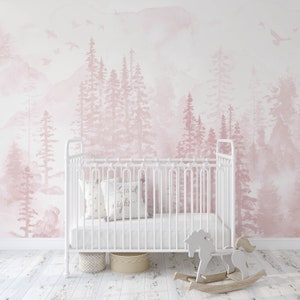 Girly Winter Forest in Pink Mural KM243- Large Scale Nursery Watercolors Woodland Scenic Wallpaper Peel and Stick Removable Repositionable