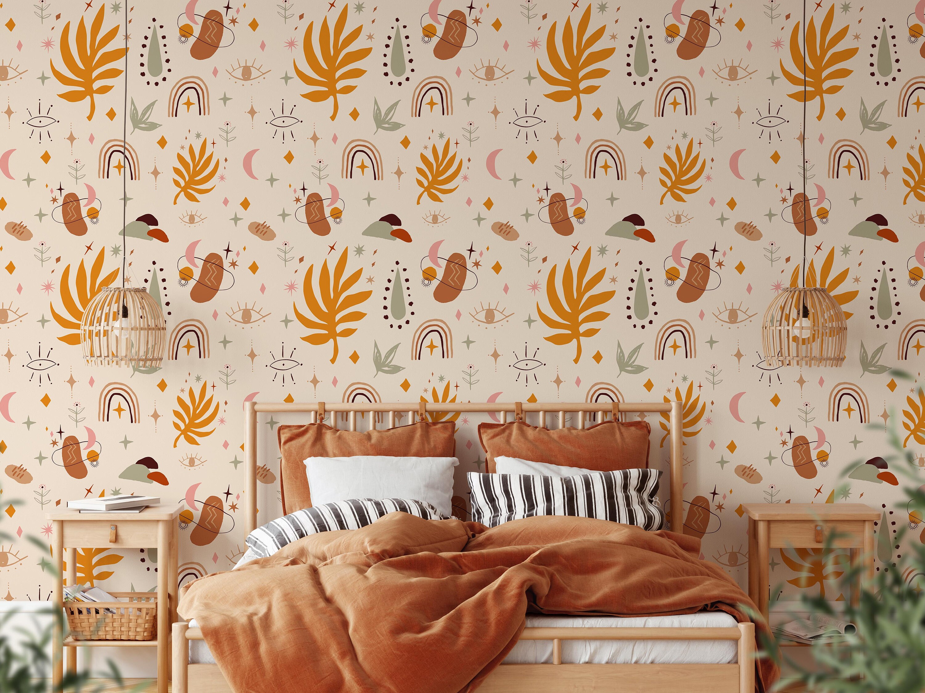 Modern Jungle Wallpaper A178 Leaves and Rainbows Neutral Boho Etsy