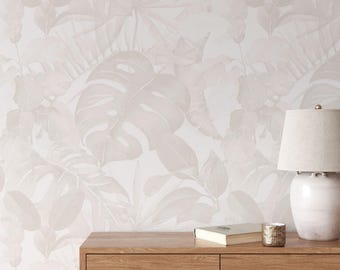 Neutral Light Tropical Rainforest Foliage Removable Self Adhesive Wallpaper, Peel and Stick Wallpaper A295