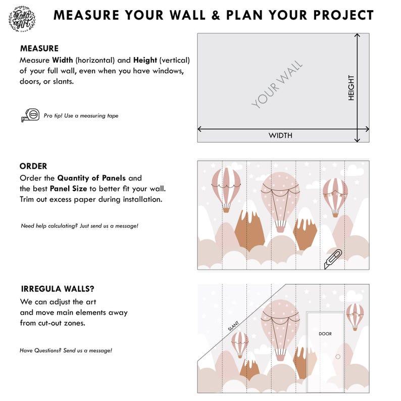 May include: A guide for measuring walls and planning a project, featuring diagrams and instructions. Includes illustrations of hot air balloons, mountains, and clouds. Text includes "Measure Your Wall & Plan Your Project", "Measure", "Order", and "Irregular Walls?"