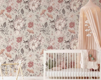 Vintage Floral Wallpaper Mural: Soft Blush Peel and Stick
