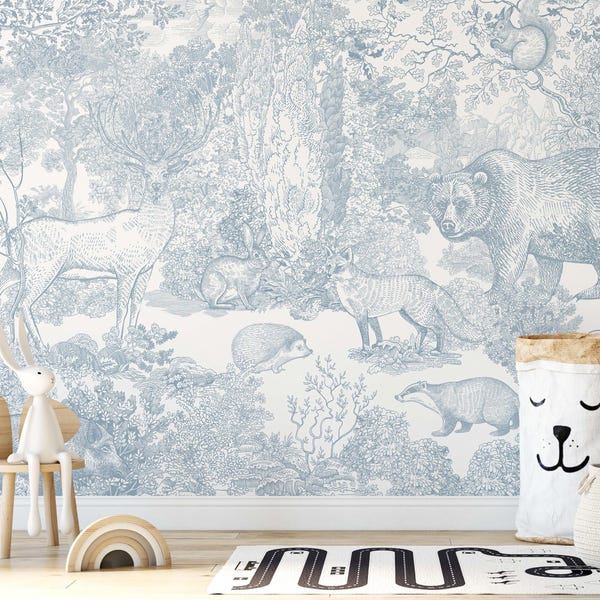 Blue Woodland Animals Wallpaper Mural - Nursery Forest Scene (Peel and Stick or Pre-pasted)