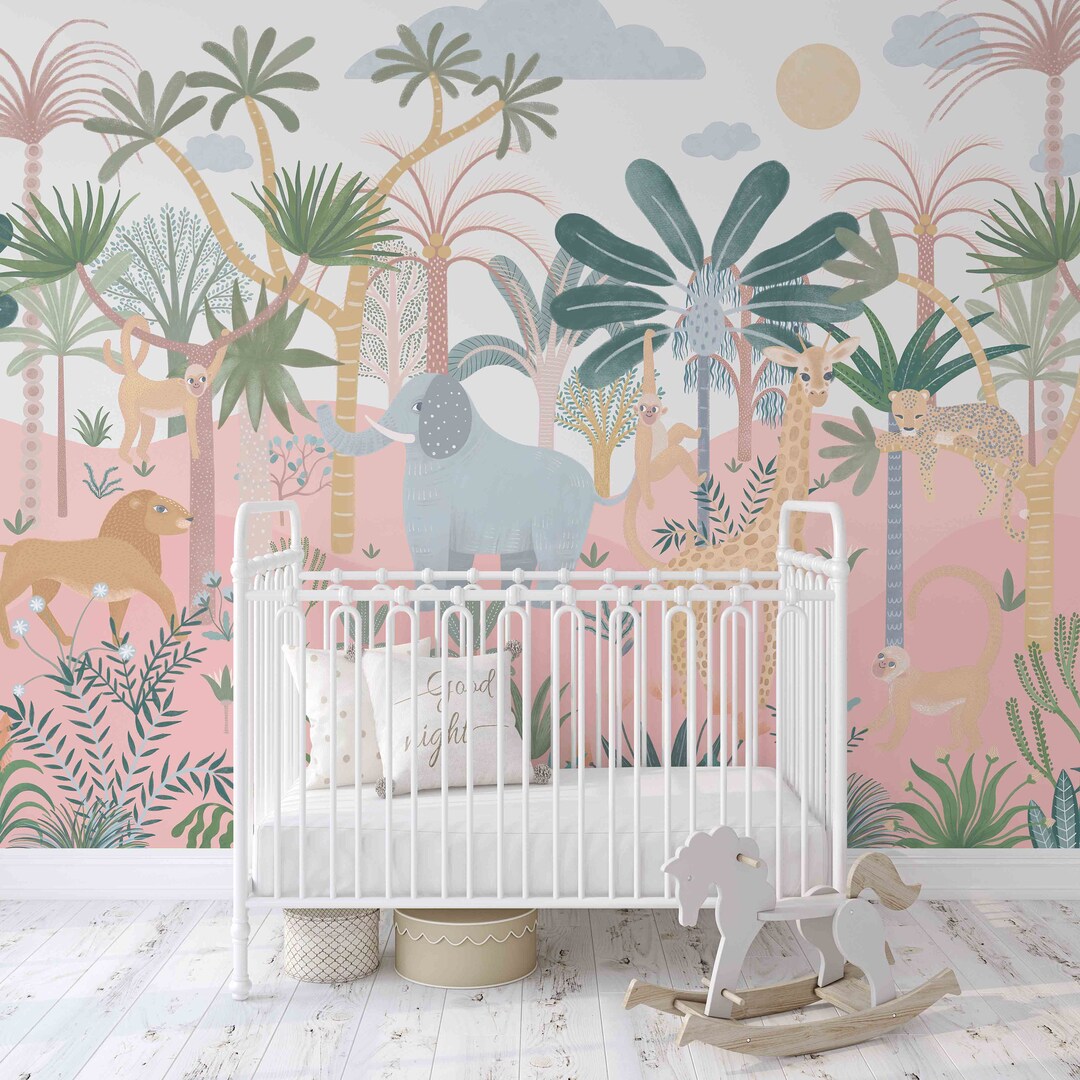 Magic Safari Mural in Pink KM338- Girl Nursery Peel and Stick Wallpaper ...
