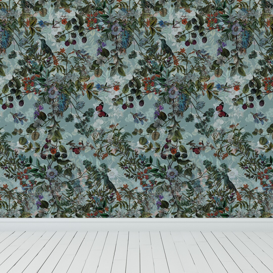 Wallpaper Vintage Blue Botanical Wildflowers Floral Removable Self