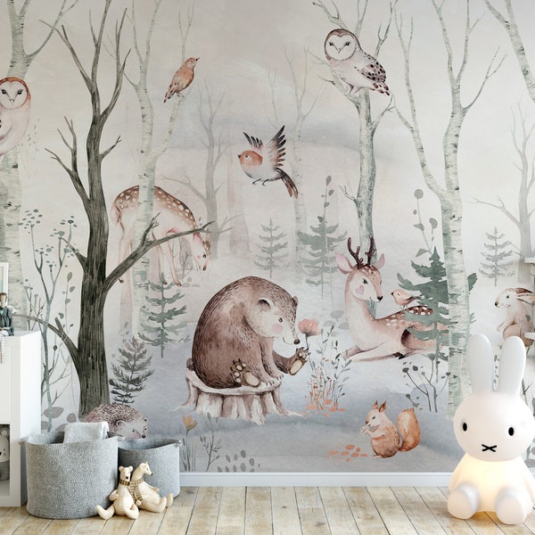 Sweet Dreamy Forest Mural KM054 - Nursery Self Adhesive Peel and Stick Wallpaper Forest Animals Mural