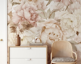 Boho Blush Peony Wallpaper: Watercolor Floral, Self Adhesive or Pre-Pasted