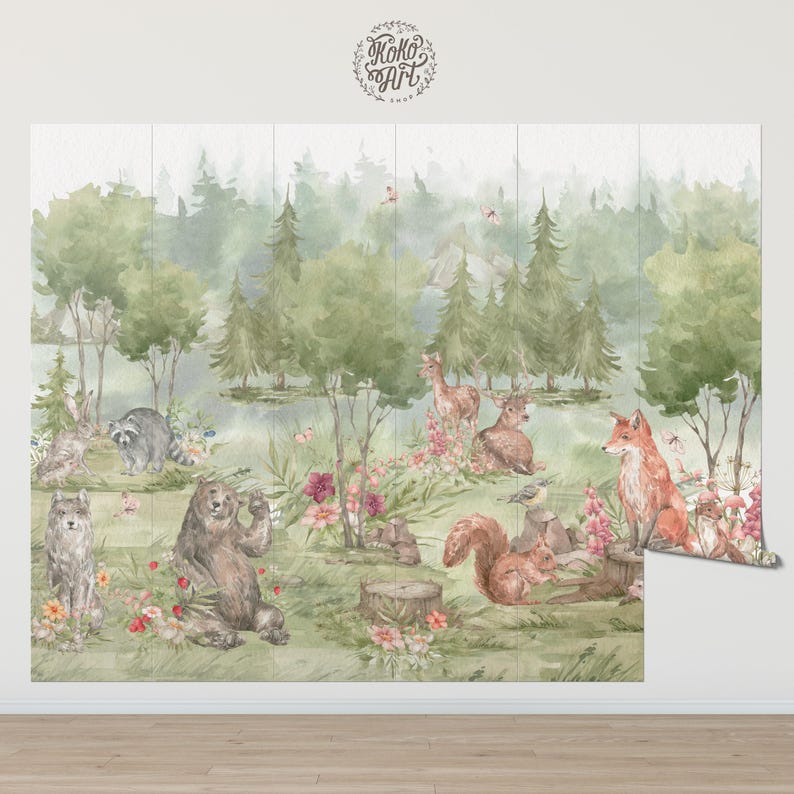 Woodland Animals Watercolor Mural: Peel and Stick Nursery Wallpaper - Etsy