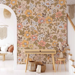 Annete Vintage Meadow Flowers Mural KM140 - Large Scale Wallpaper Floral Peel and Stick Removable Repositionable or Traditional Pre-pasted