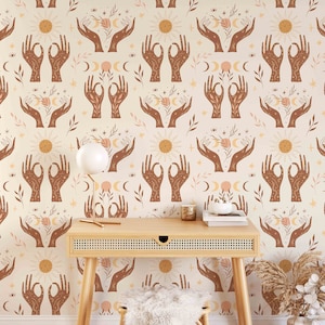 Astral Hands Wallpaper: Boho Sun & Moon Removable Peel and Stick