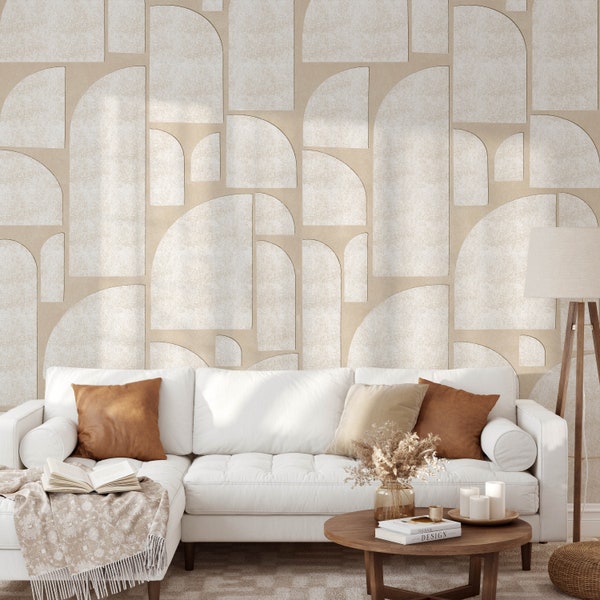 Abstract Geometric Semi Arch Shapes Mural in Neutral and White M078 Removable Peel and Stick or Traditional Pre-pasted Wallpaper