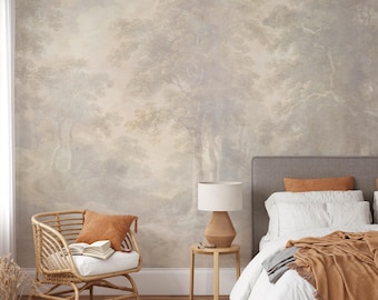 May include: A wall mural featuring a muted, atmospheric forest landscape in shades of beige, cream, and soft gray. The design depicts layered trees and foliage with a painterly, watercolor-like texture, creating a serene and expansive backdrop.
