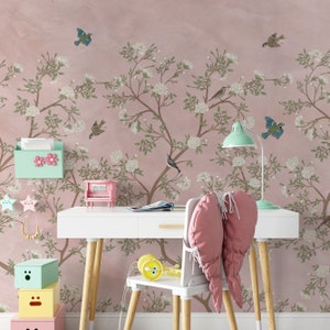 Charmony Chinoiserie Rose Mural M061 - Large Scale Nursery Wallpaper Peel and Stick Removable Repositionable