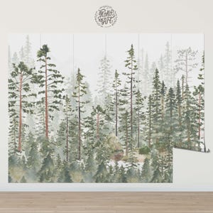 May include: Watercolor forest mural featuring tall evergreen trees in shades of green and brown, creating a serene woodland scene. The mural has a misty, atmospheric quality, with the text "Koko Art" in a circular design.