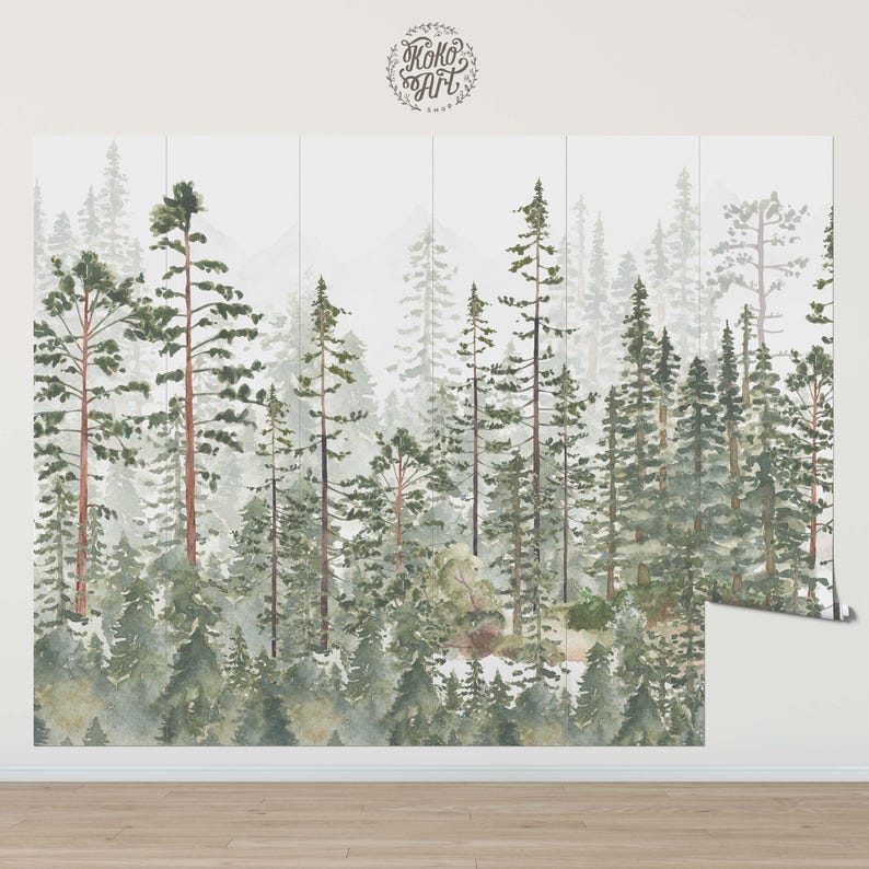 May include: Watercolor forest mural featuring tall evergreen trees in shades of green and brown, creating a serene woodland scene. The mural has a misty, atmospheric quality, with the text "Koko Art" in a circular design.