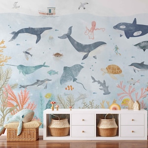 Happy Ocean Mural – Underwater Adventure for Kids, Peel and Stick or Pre-pasted Wallpaper for Kids Nursery Marine Ocean Animals KM353