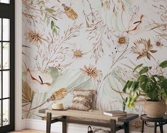 Boho Spring Mural KM153 Self Adhesive Large Scale Wallpaper Floral Traditional Pre-pasted or Peel and Stick Wallpaper
