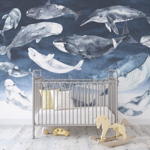 Whale Mural KM057 - Boys Nursery Self Adhesive Traditional Pre-pasted or Peel and Stick Wallpaper Large Ocean Theme Mural